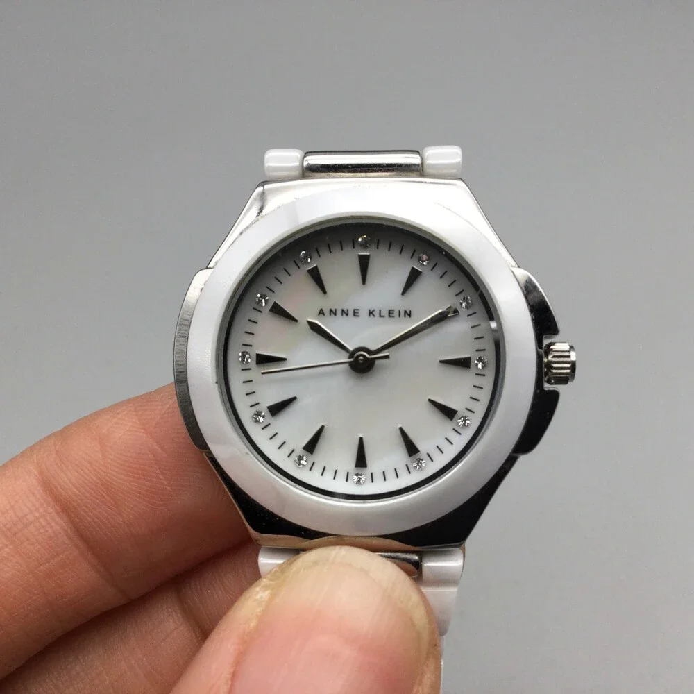 Anne Klein Watch Women 31mm Silver Tone White Cermaic MOP Dial New Battery 5.75